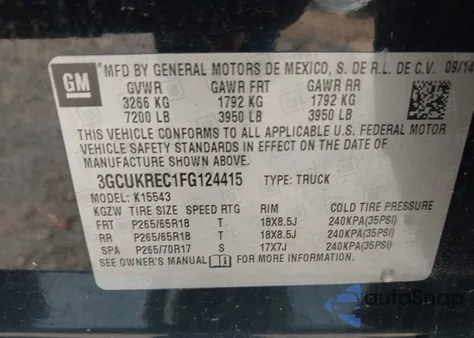 2015 Chevrolet Silverado 1500 1Lt из США, поврежденный, VIN 3GCUKREC1FG124415